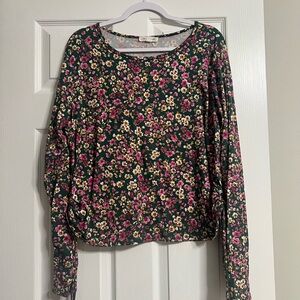 Chic Floral Long Sleeve Top in Green and Pink